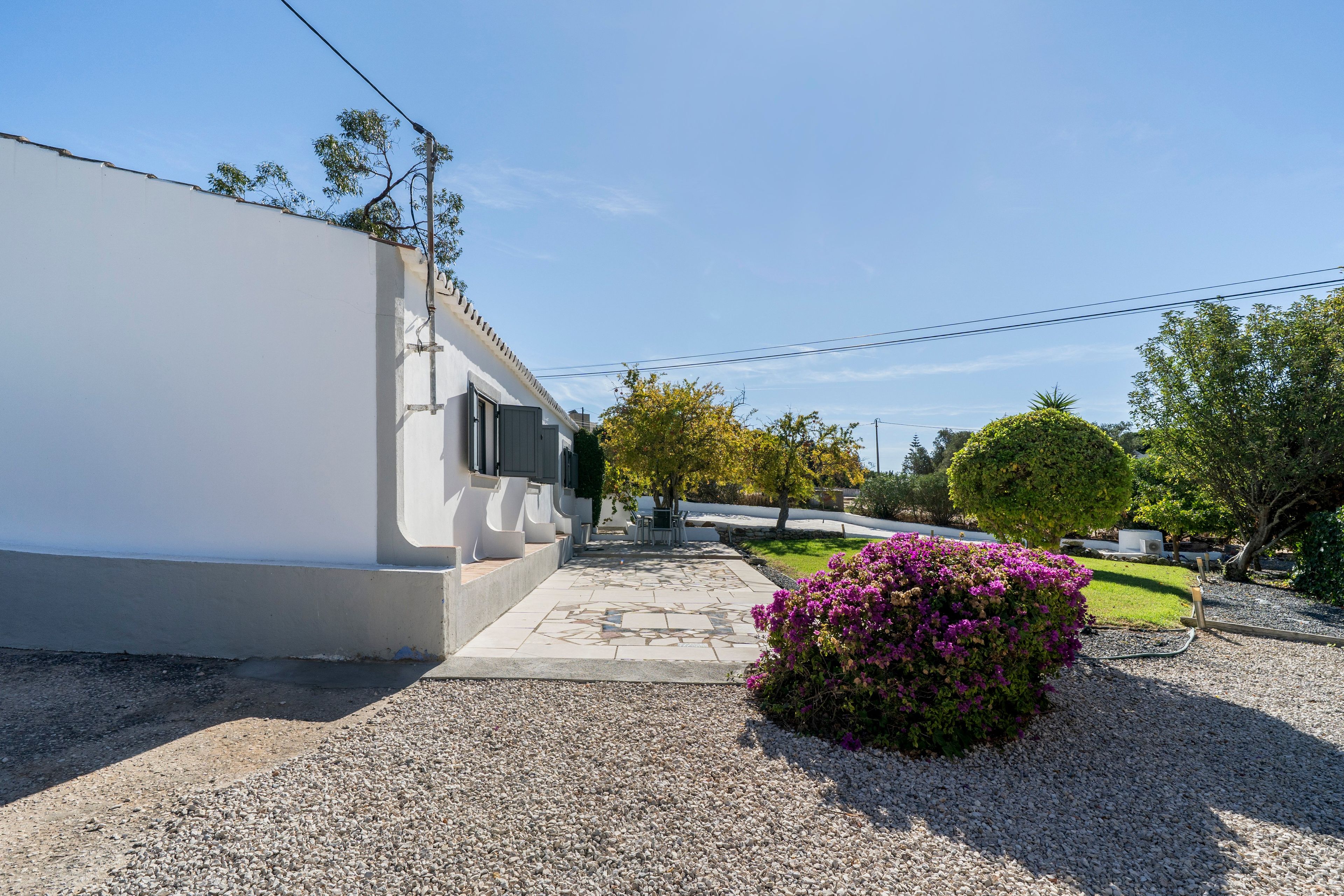 Un bâtiment moderne à la façade blanche, doté d’un chemin pavé et d’une zone recouverte de gravier, où se trouve un arbuste aux fleurs violettes.