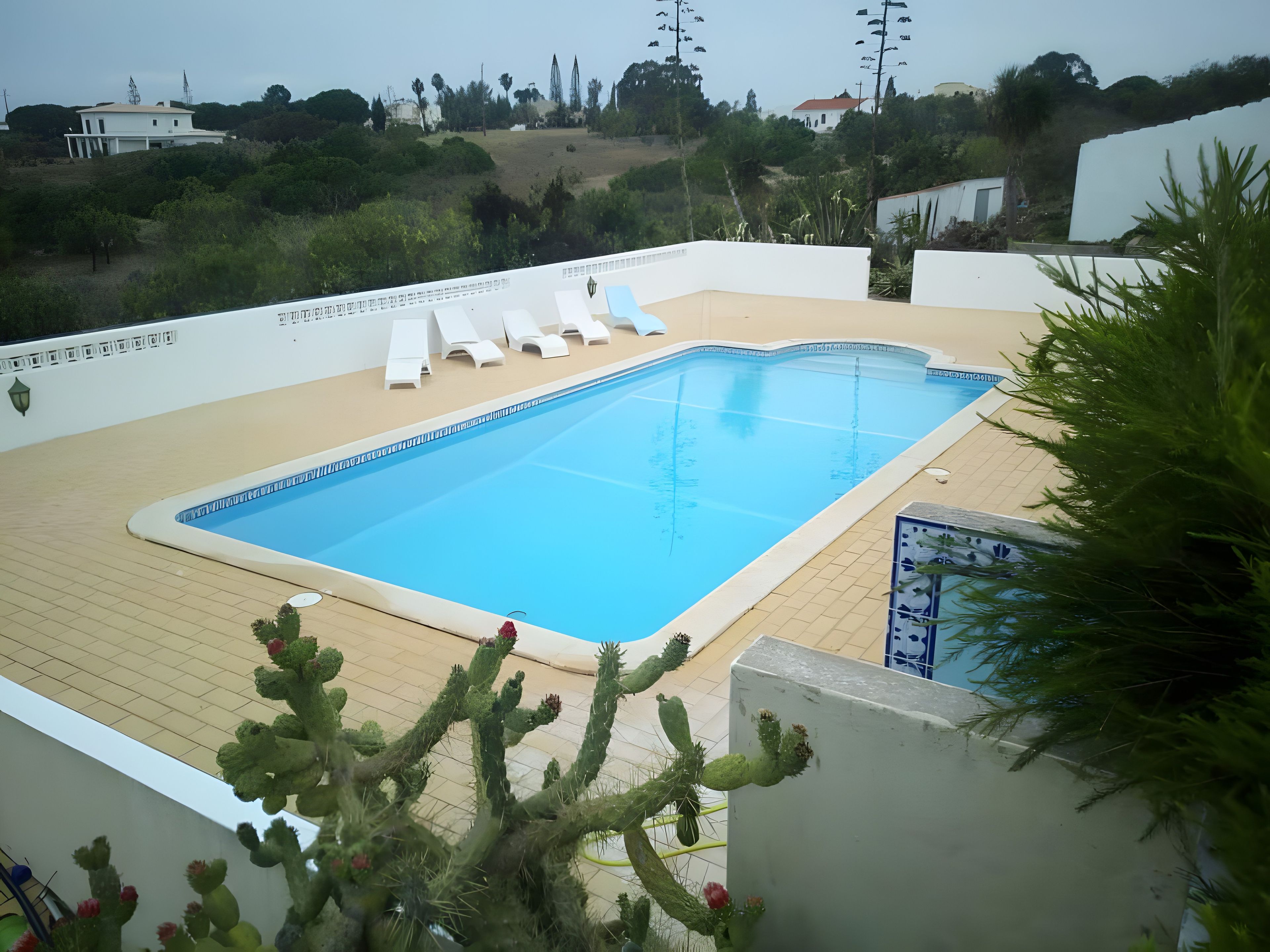 Une piscine dotée d’une terrasse en bois, entourée de verdure et avec un bâtiment blanc en arrière-plan.