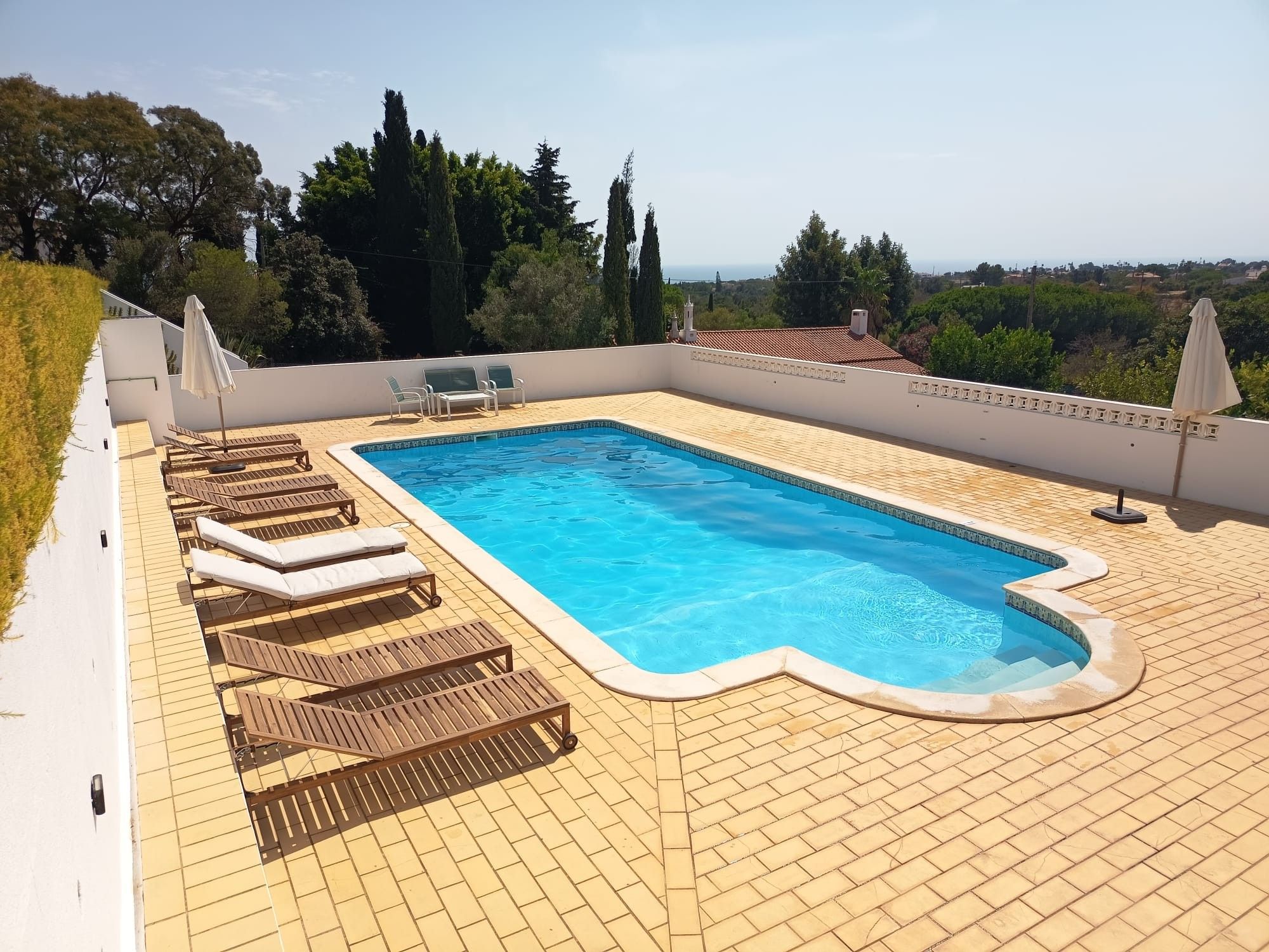 Piscina no terraço com espreguiçadeiras e vista para a paisagem ao redor.