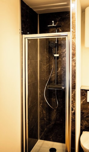 A glass-enclosed shower stall with a handheld showerhead and a handheld shower attachment. - Apartment (Bourbourg)