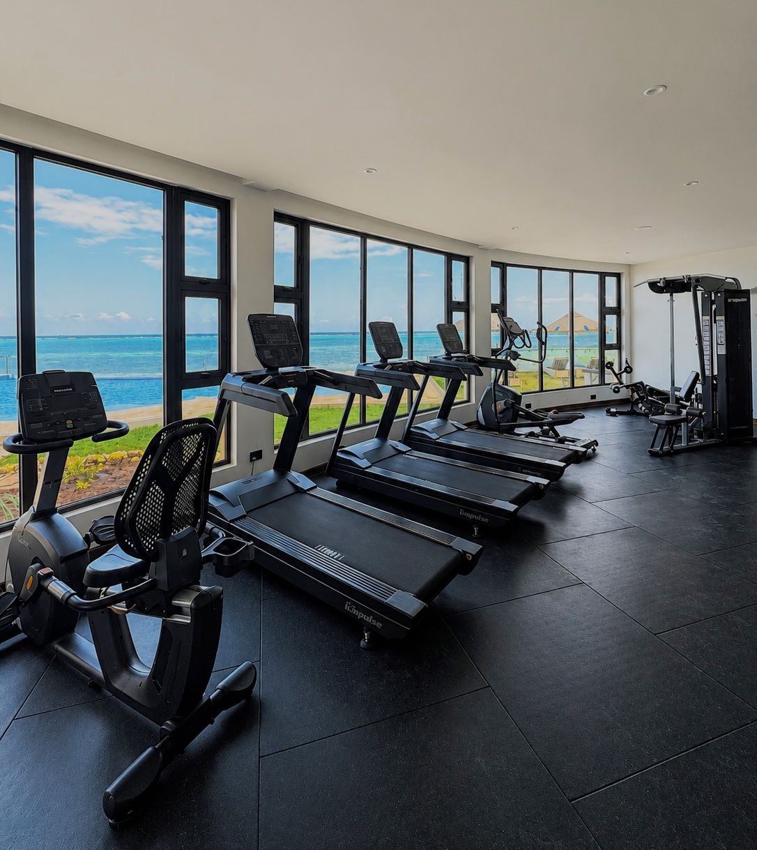 A gym with treadmills and exercise equipment, large windows with a view of the ocean.