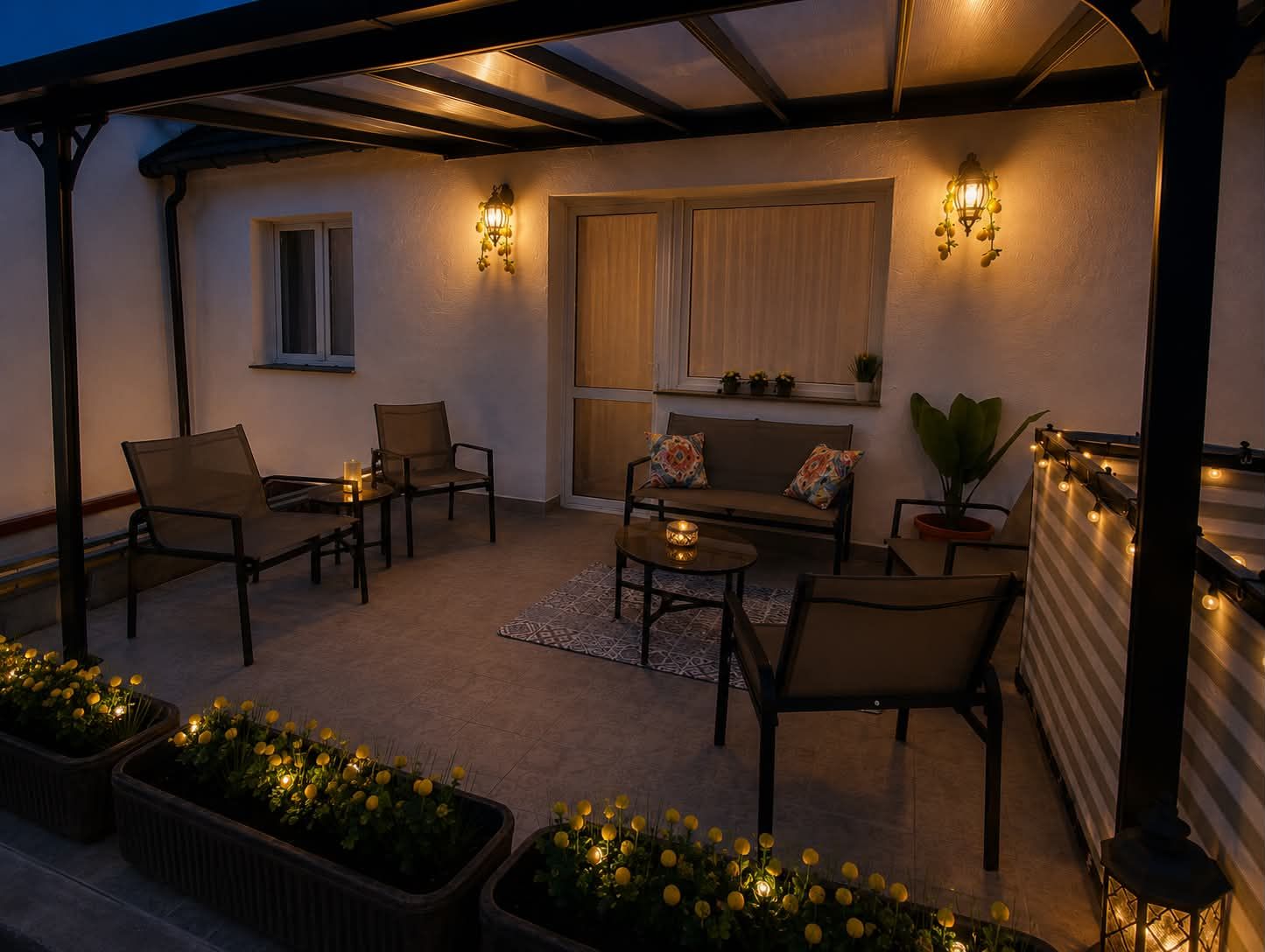 Une terrasse extérieure avec des sièges, une table et un éclairage décoratif.