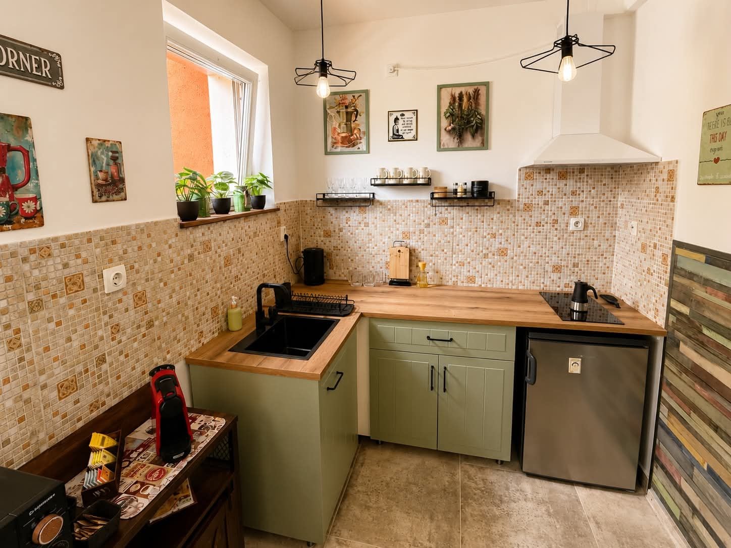 A compact kitchen with a sink, countertop, and a built-in refrigerator. There are potted plants on the windowsill and a small window.