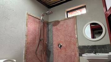 Un baño con ducha, lavabo y espejo.
