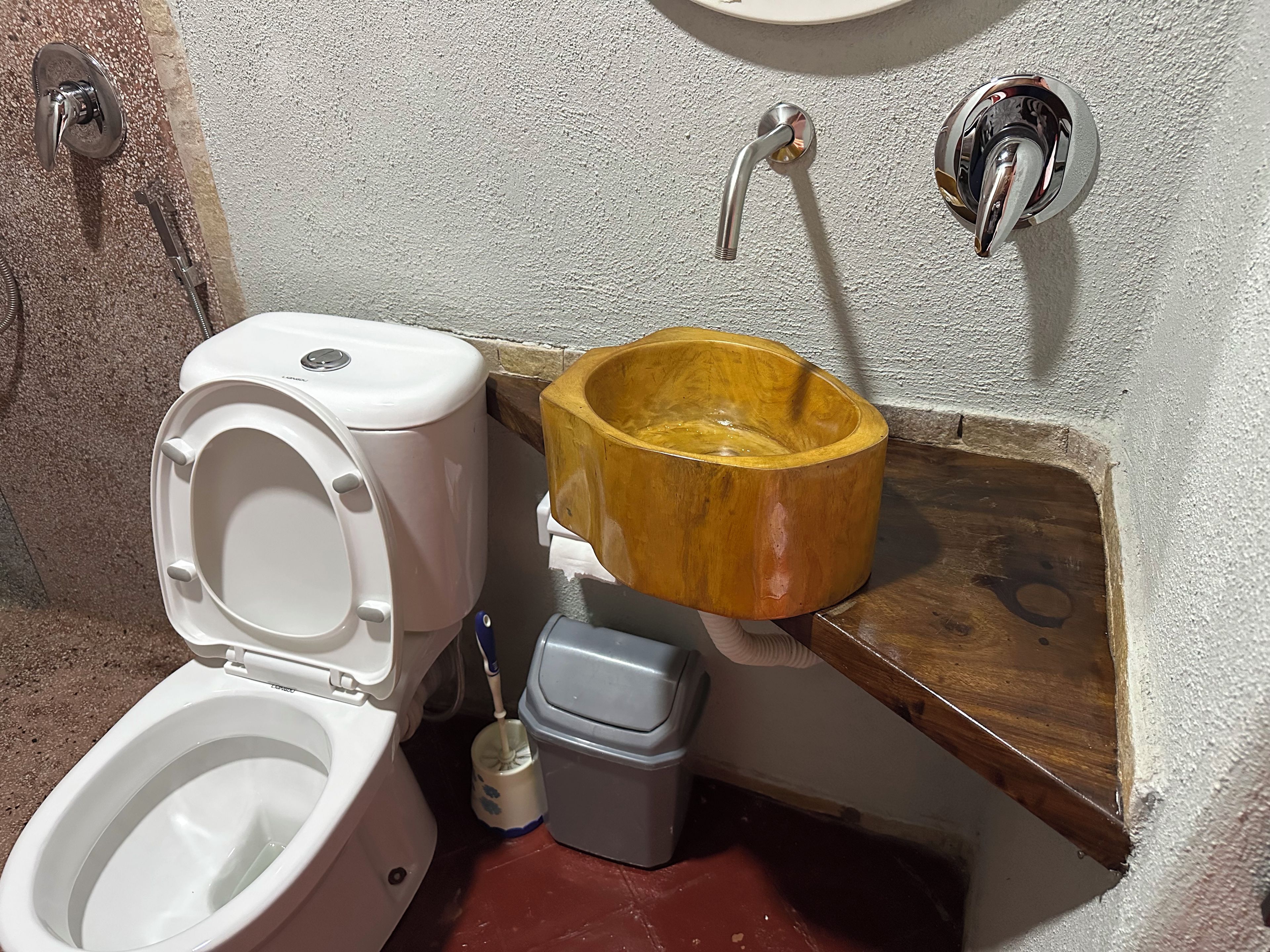 A bathroom with a white toilet, a wooden basin, a grey trash bin, and a shower head.
