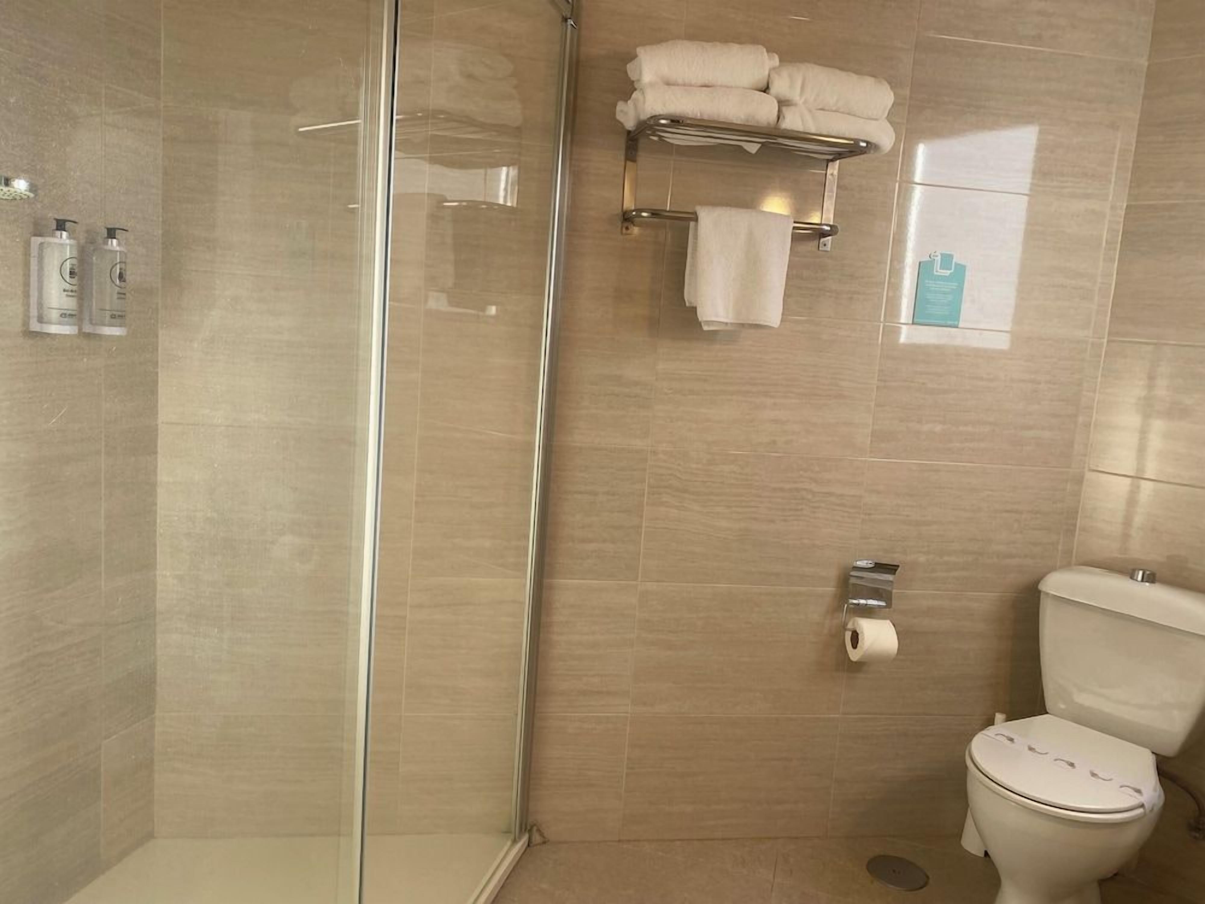 Une salle de bain avec une douche à parois de verre, des toilettes et un porte-serviettes avec des serviettes pliées.