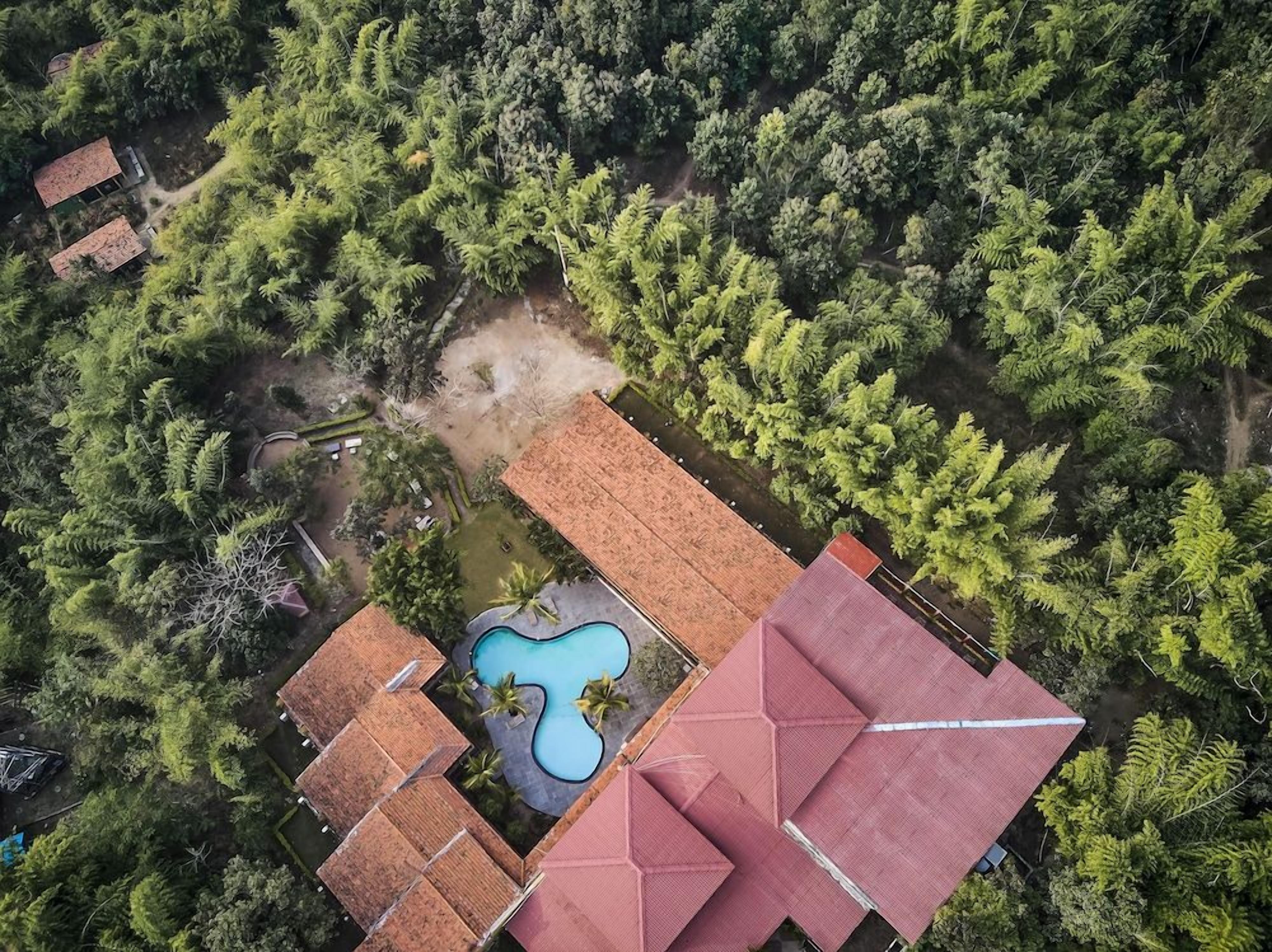 An aerial view of a property with multiple buildings, a swimming pool, and dense surrounding vegetation.