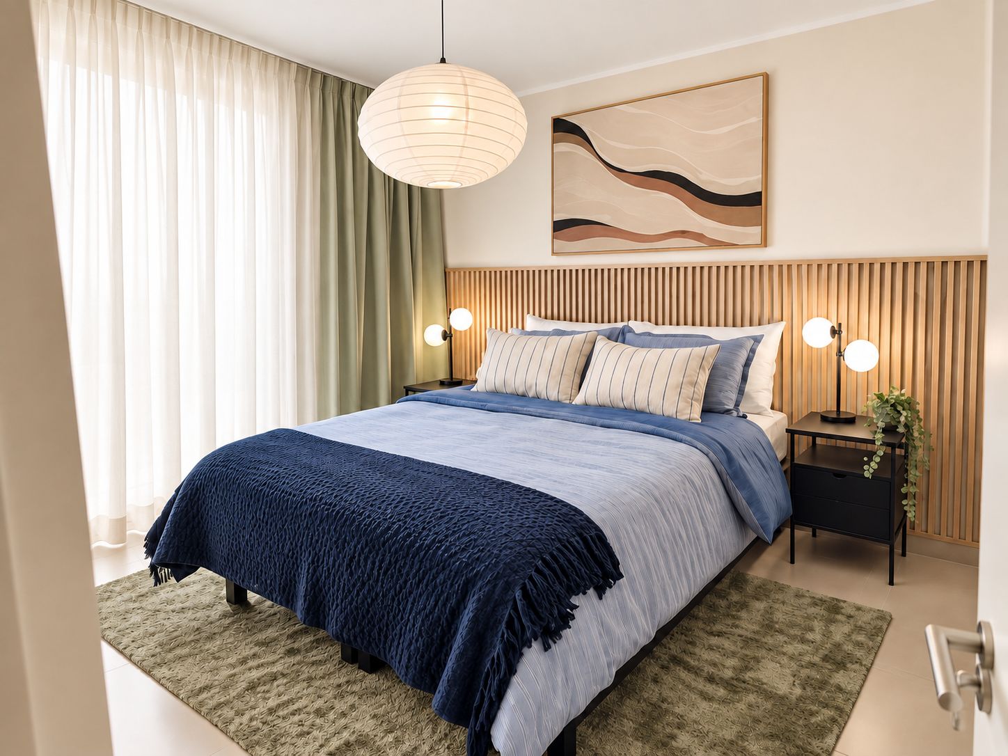 Un dormitorio moderno con una cama grande, un cabecero de madera, un cuadro abstracto colgado en la pared y dos lámparas de noche.