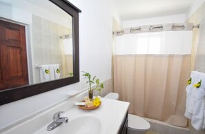 Een badkamer met een grote spiegel, een wastafel, een toilet en een douchegordijn.