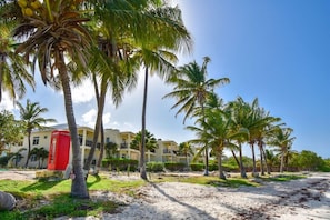 Un hotel frente a la playa con palmeras, un teléfono rojo y cielo despejado.