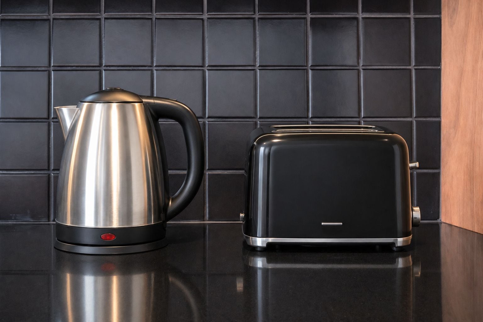 A stainless steel kettle and a black toaster on a black countertop with a tiled backsplash.