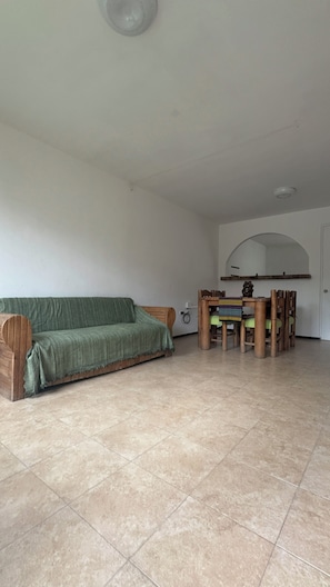 Ein geräumiger Raum mit einem grünen Sofa, einem Holzesstisch und Stühlen.