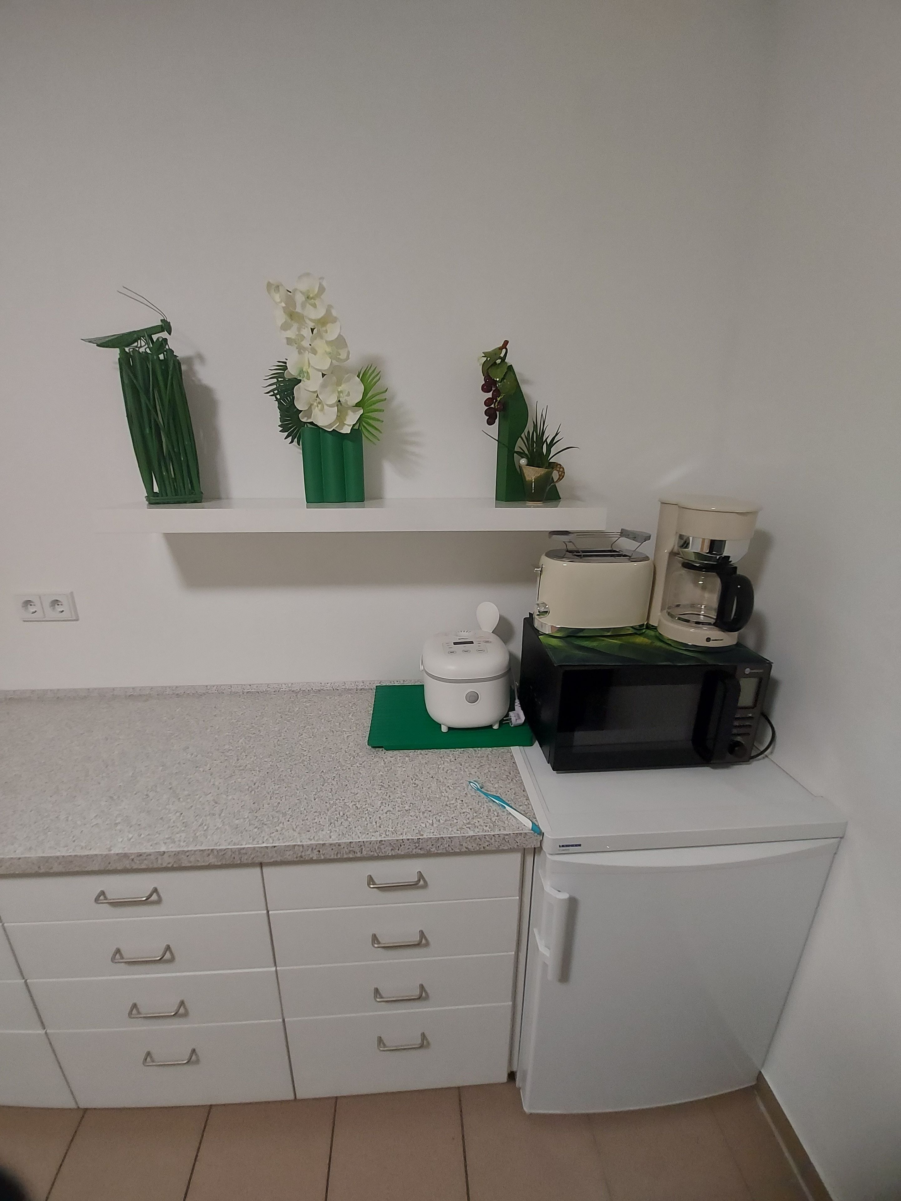 Eine Küche mit einem weißen Kühlschrank, einer Mikrowelle, einem Toaster und einer Kaffeemaschine auf der Arbeitsplatte. Im Regal darüber stehen drei grüne Vasen mit Blumen.