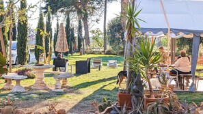 An outdoor seating area with tables and chairs, surrounded by potted plants and a decorative fountain. - Casa Rurale – Elba Apartment, spacious with sea views (Toscana)