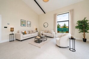 A modern living room with two sofas, a coffee table, and a potted plant.