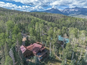 A cabin surrounded by dense forest with a mountain range in the background. - Canyon View Escape 6 bedrooms sleeps 16 (Telluride)