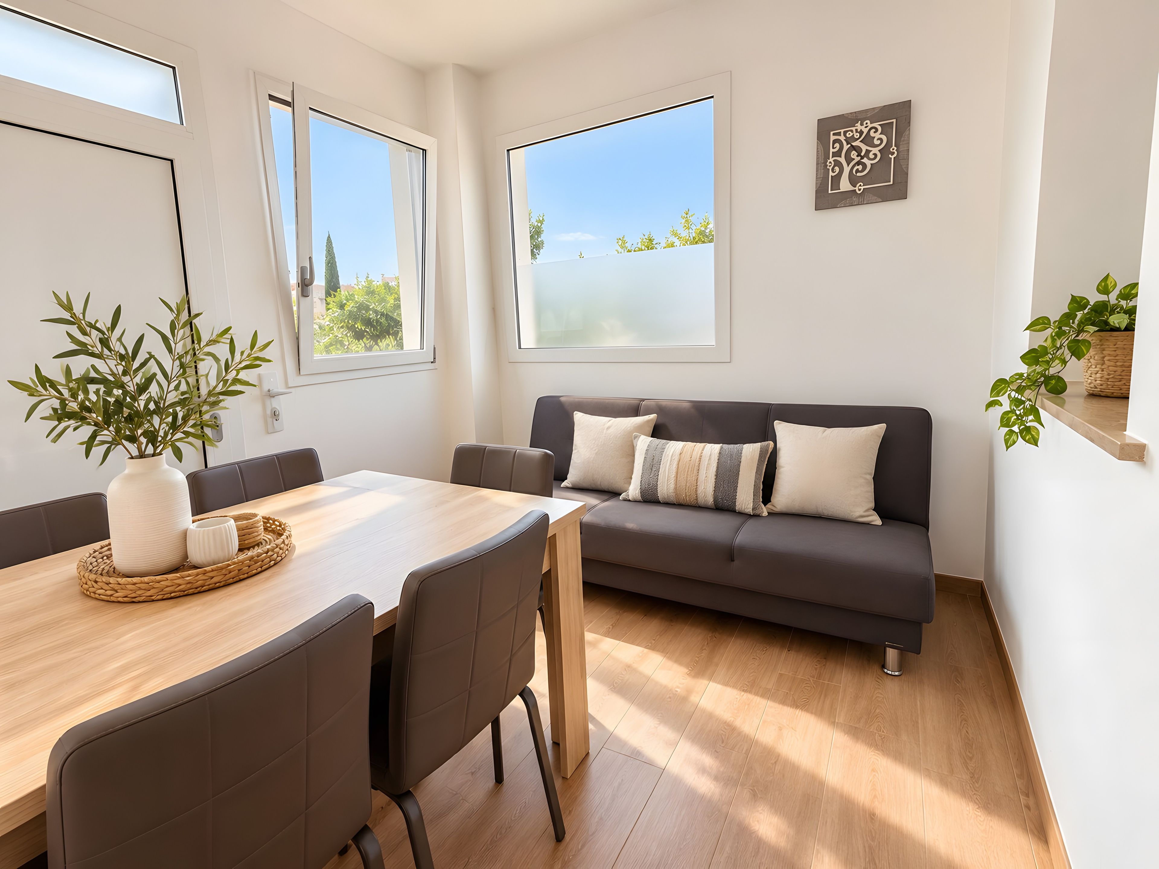 Ein modernes Wohnzimmer mit Essbereich, großen Fenstern, einer Couch und einer Topfpflanze.