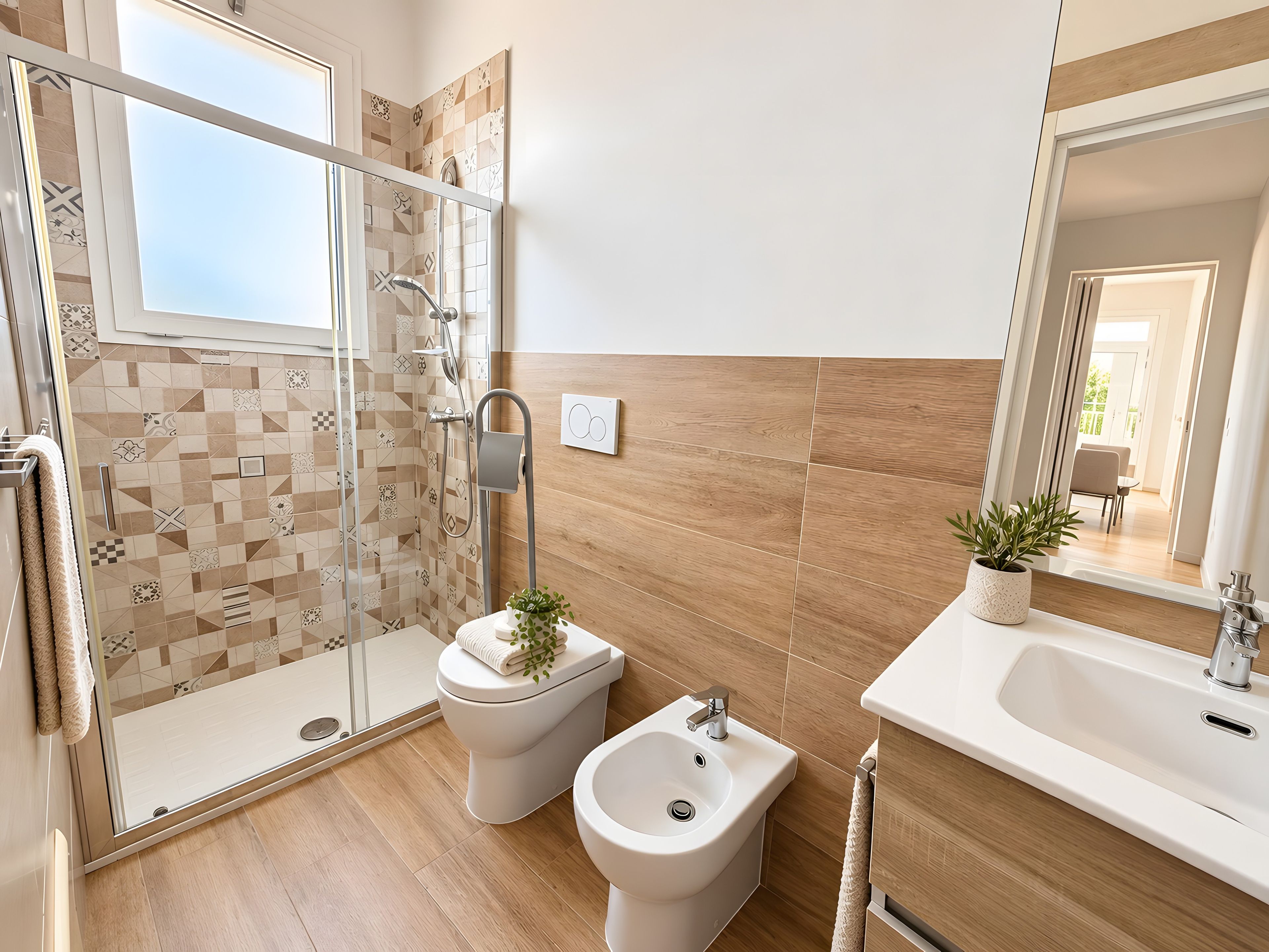Ein modernes Badezimmer mit Dusche, Bidet und Waschbecken.