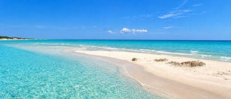 A beach with clear turquoise water and a sandy shore.
