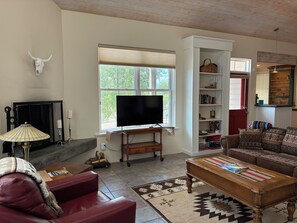 Ein Wohnzimmer mit Fernseher, Kamin, Bücherregal und einem gemusterten Teppich.