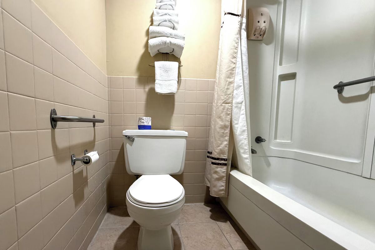 A bathroom with a toilet, towel rack, and a bathtub.