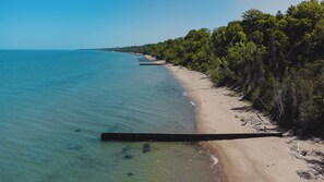 A beach with clear water, a sandy shore, and dense greenery along the coastline. - The Rose Cottage - Steps from Lake Huron (Plympton-Wyoming)