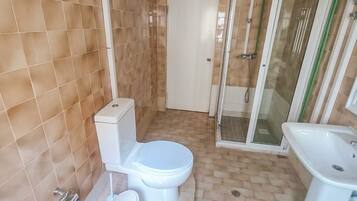 A bathroom with a toilet, bidet, and shower enclosure.