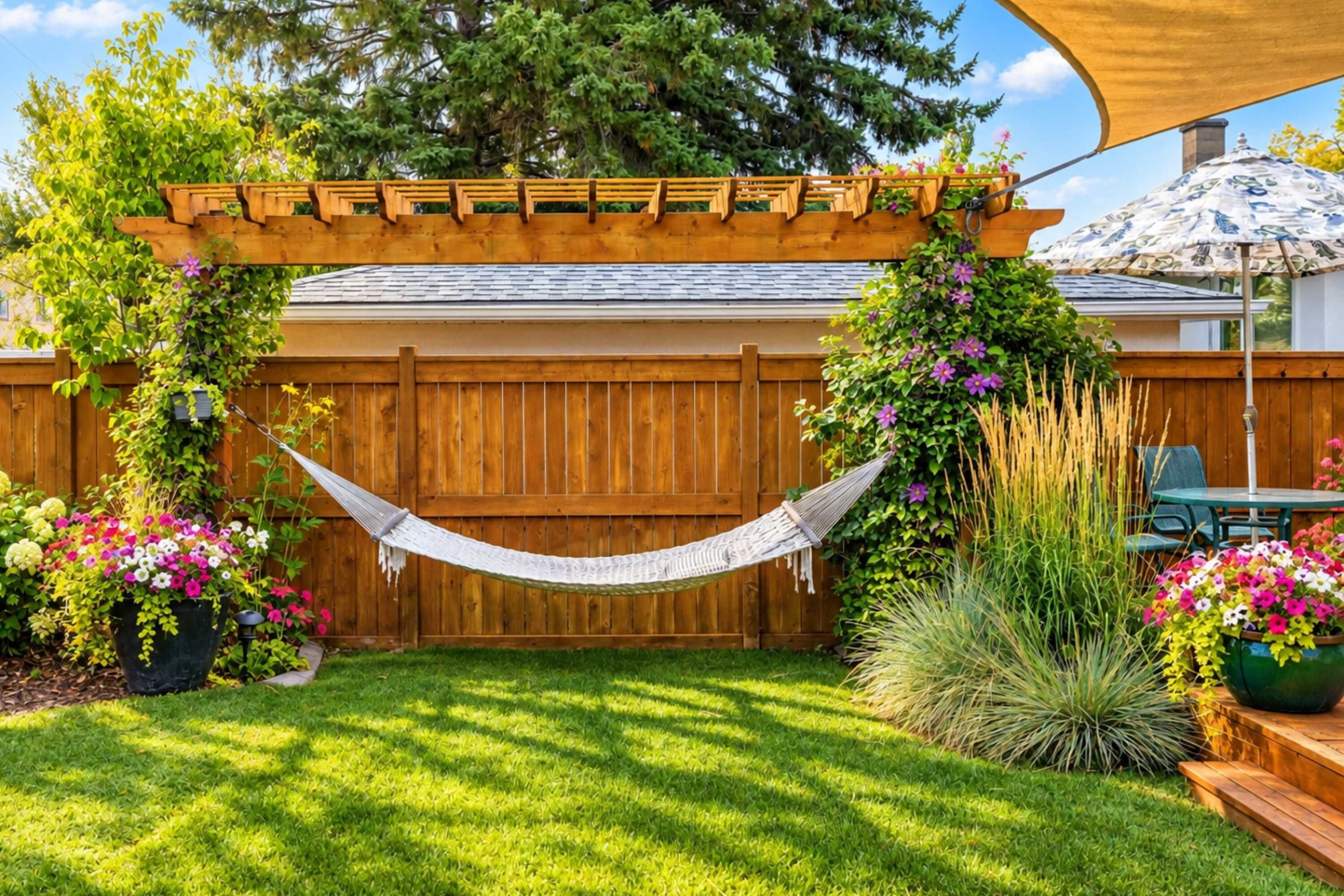 Une pergola en bois avec un hamac, entourée de plantes et de fleurs en pot.