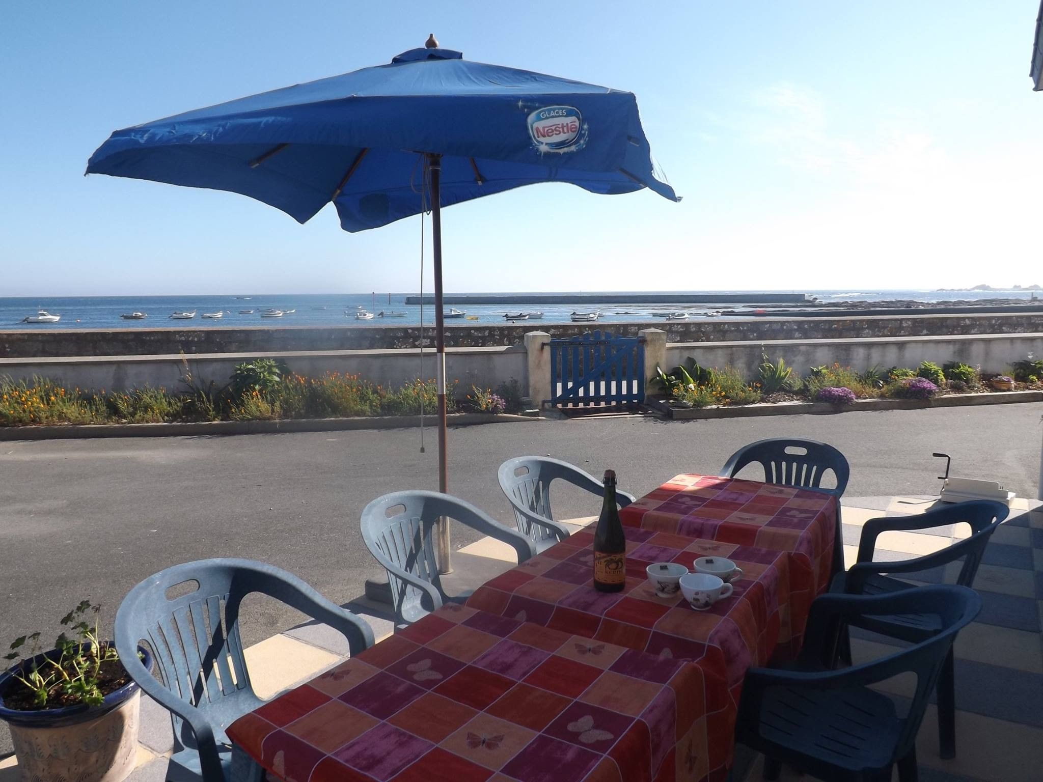 Un espace extérieur aménagé avec une table, des chaises et un parasol bleu.