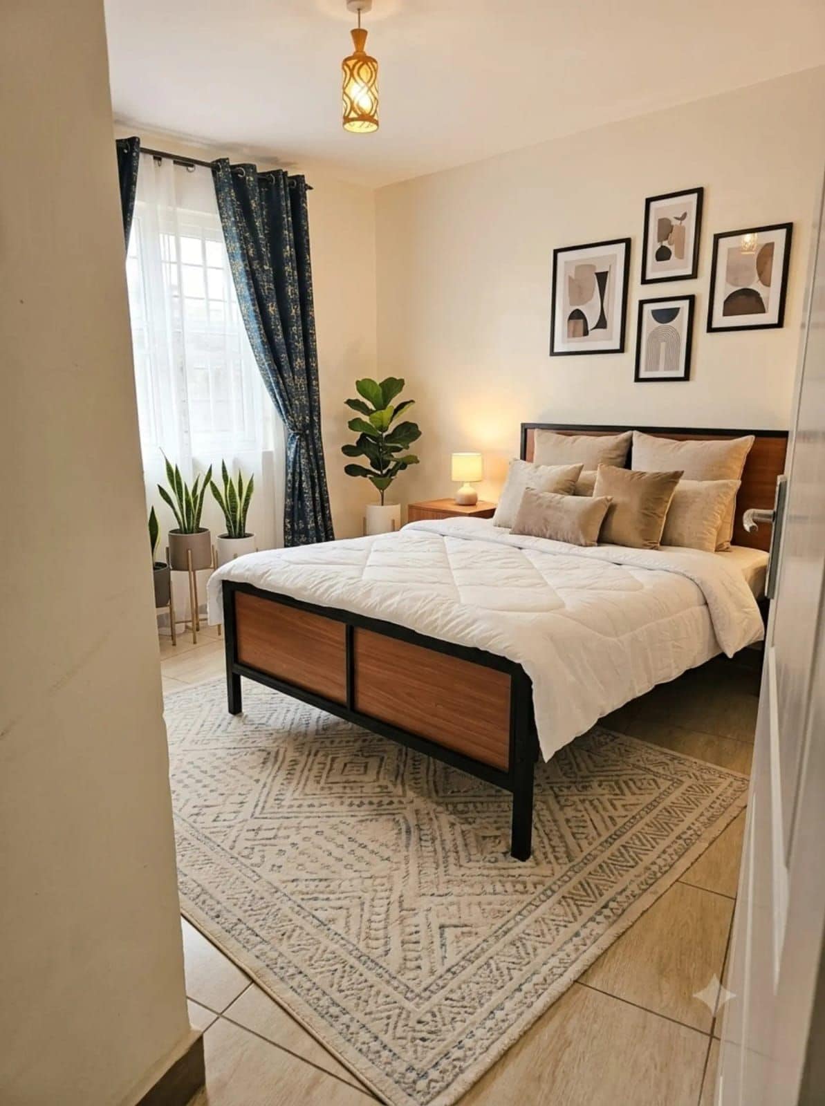 A bedroom with a bed, a nightstand, a lamp, a potted plant, and framed pictures on the wall.