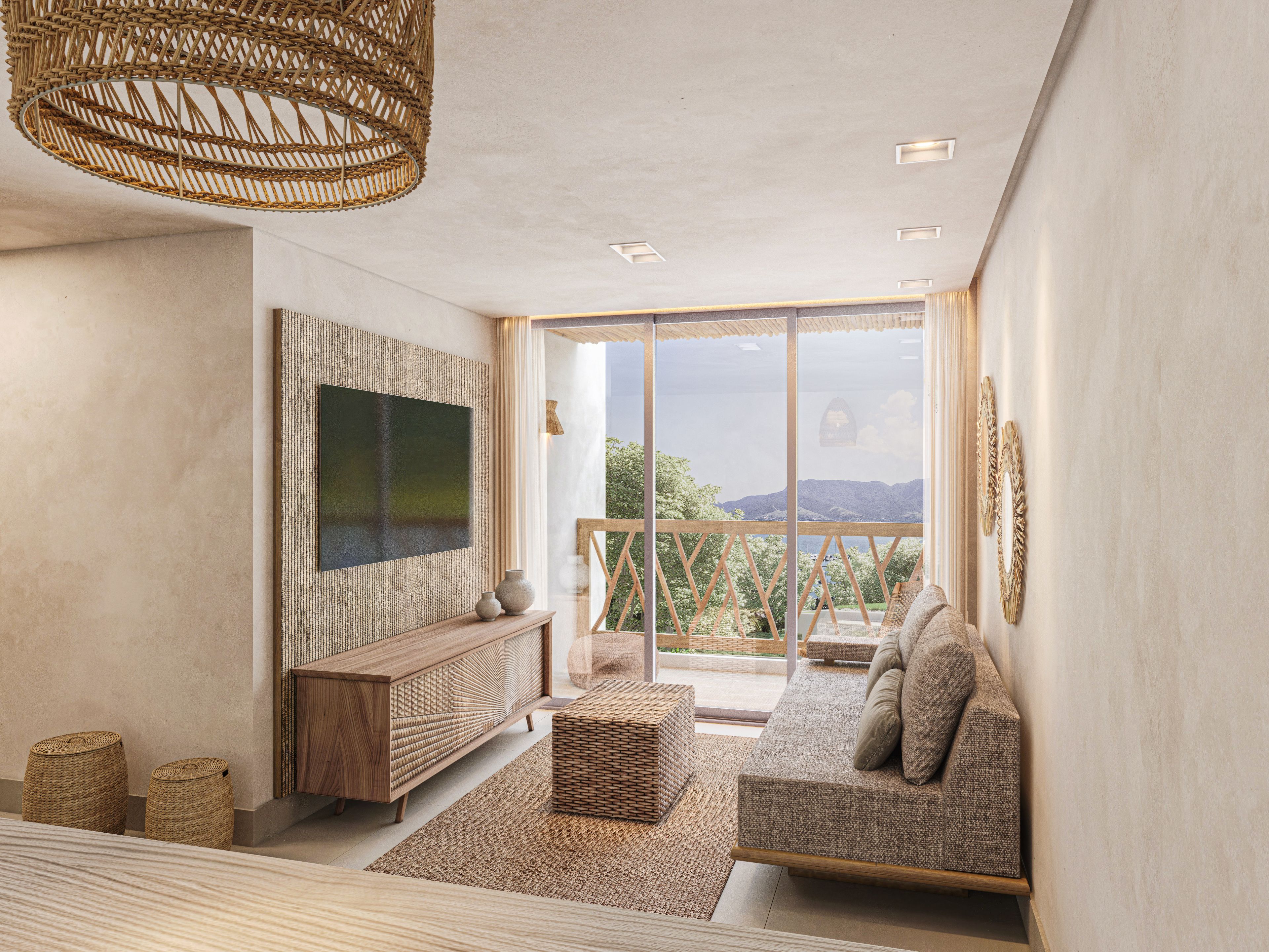A modern living room with a large TV, a sofa, and a view of the outdoors.