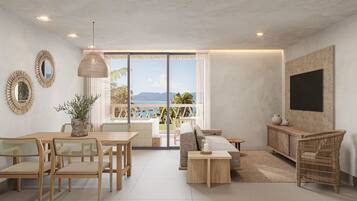 A modern living room with a large window, wooden furniture, and a flat-screen TV.