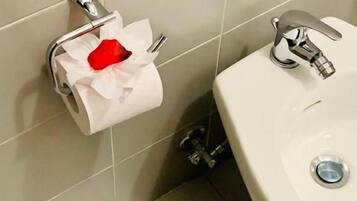 A bathroom with a toilet paper holder, a sink, and a mirror.