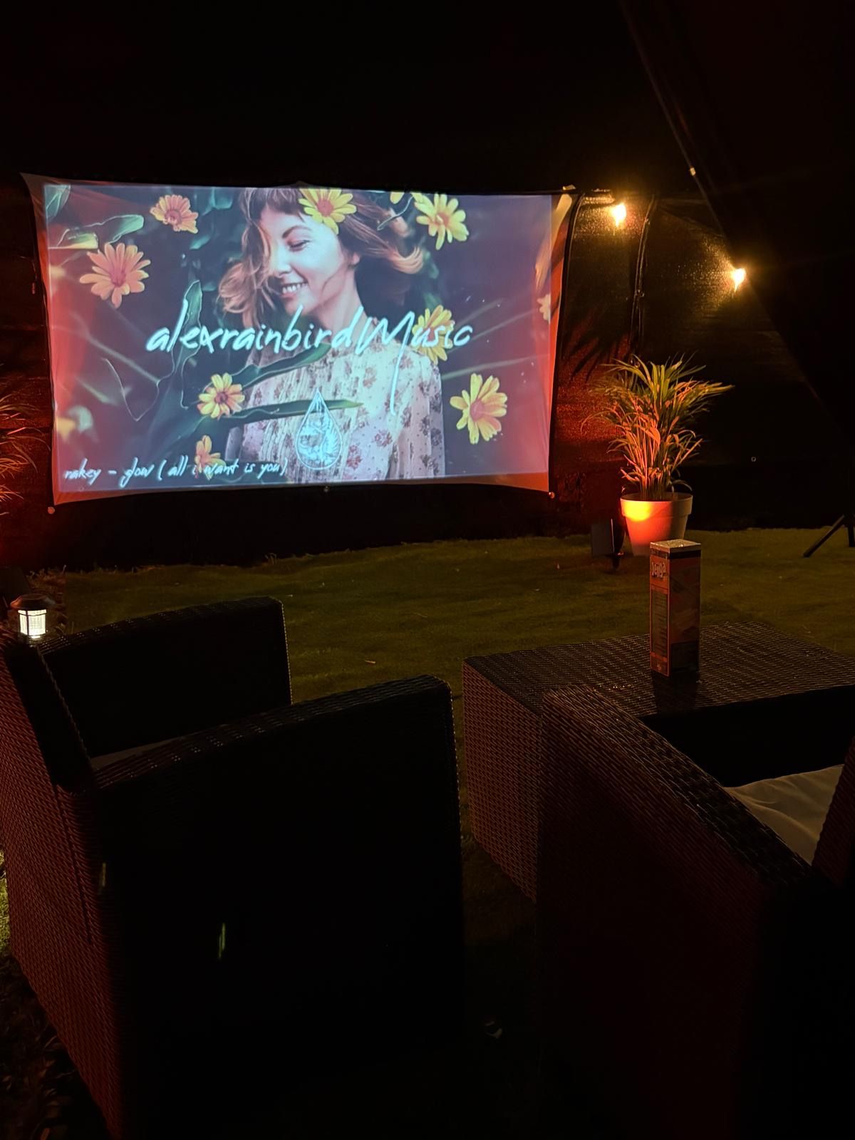 An outdoor movie screen with a floral design, a potted plant, and wicker furniture.