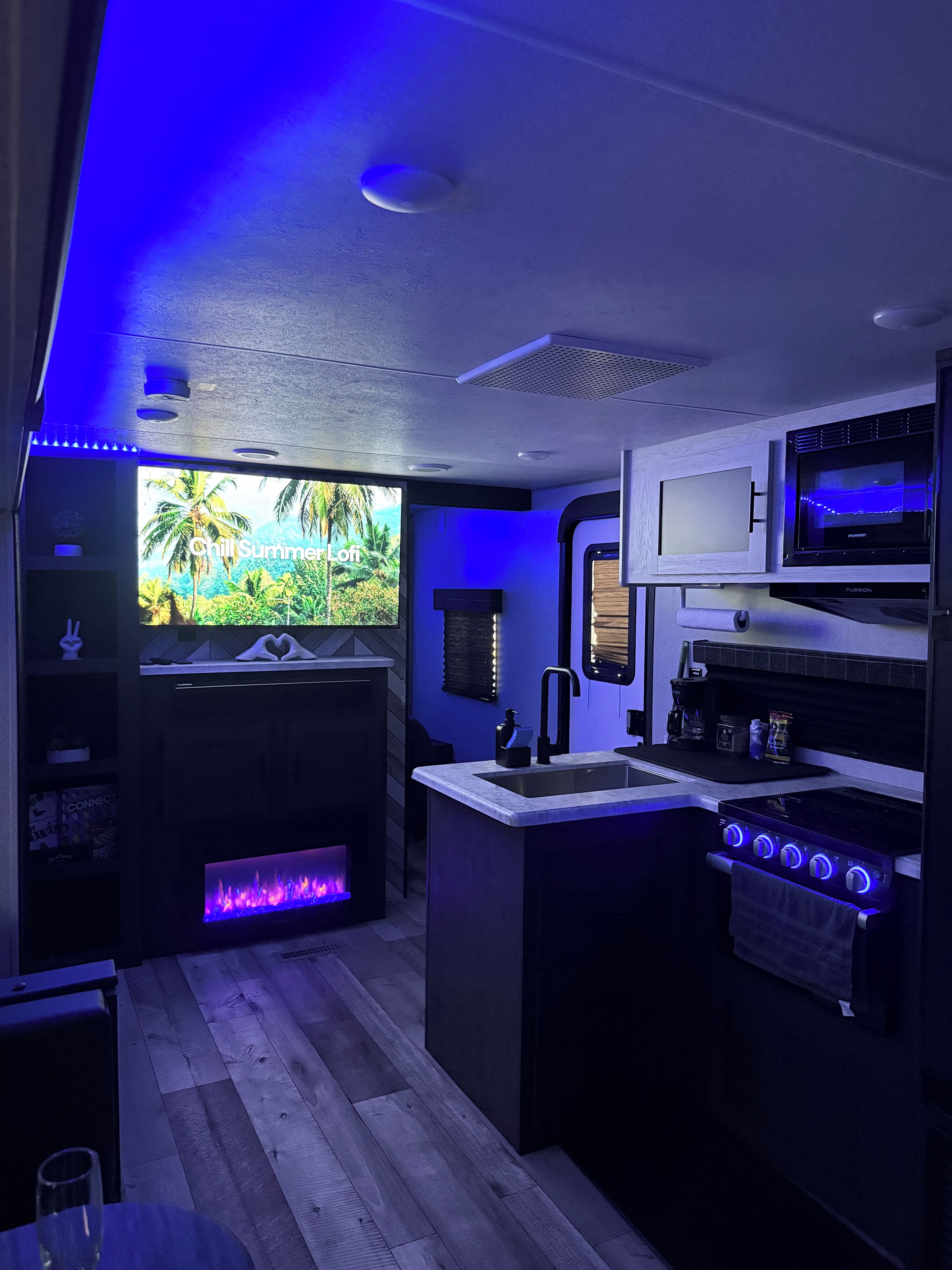 A modern kitchen with a built-in stove, a microwave, and a large window with a view of palm trees.