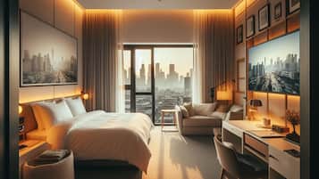 Een hotelkamer met een bed, bureau, stoel en een groot raam met uitzicht op de stad.