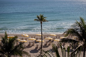 Ein Strand mit Liegestühlen, Sonnenschirmen, Palmen und dem Meer.