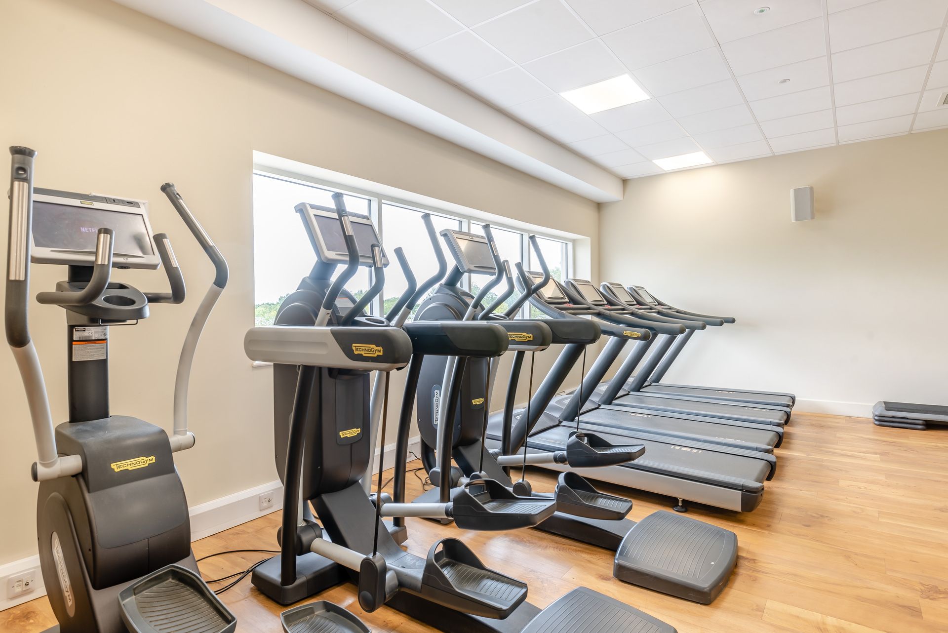 A gym with multiple treadmills and elliptical machines, wooden flooring, and a large window providing natural light.