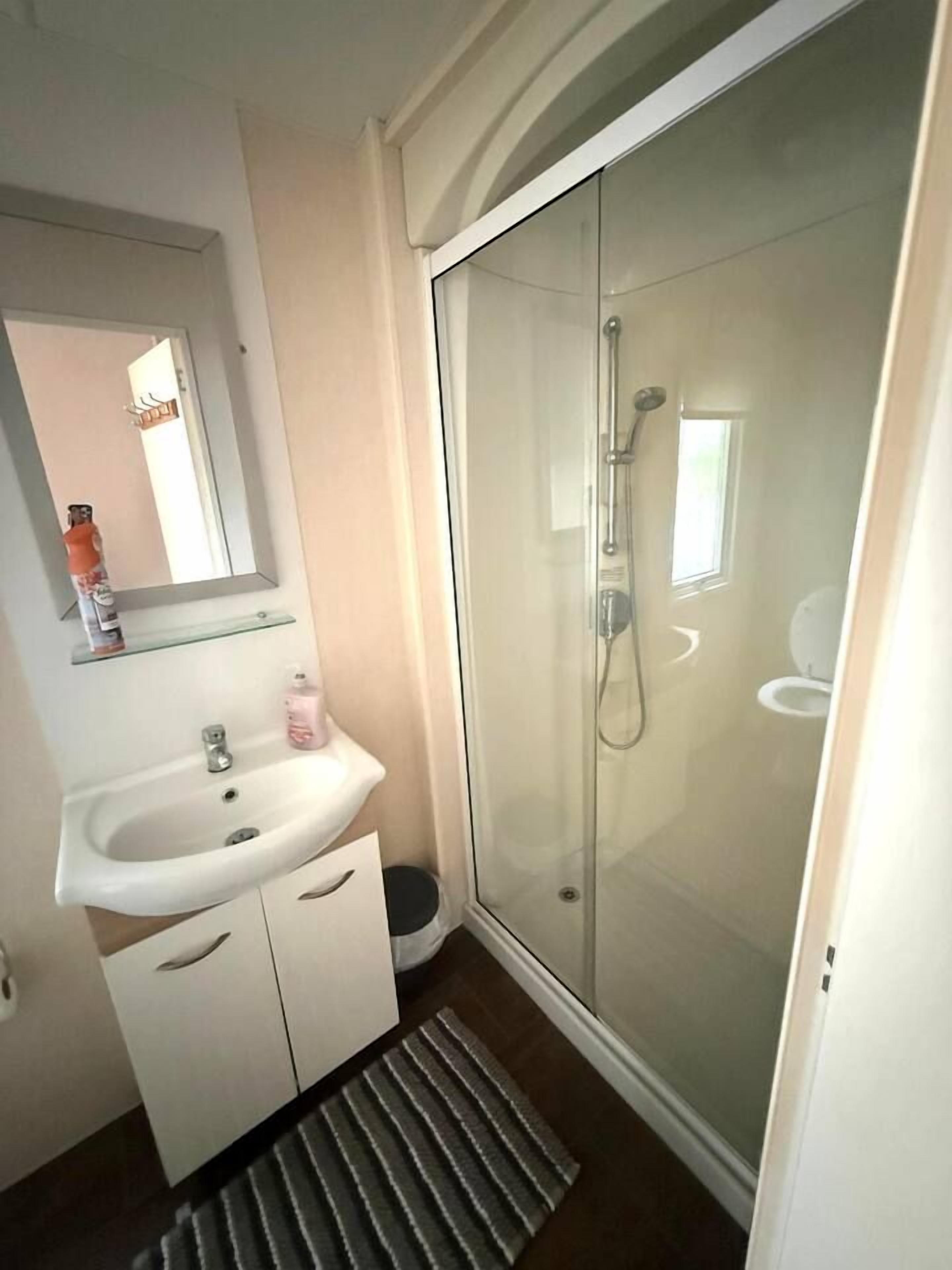 A bathroom with a glass-enclosed shower, a sink with a mirror above it, and a small trash bin.