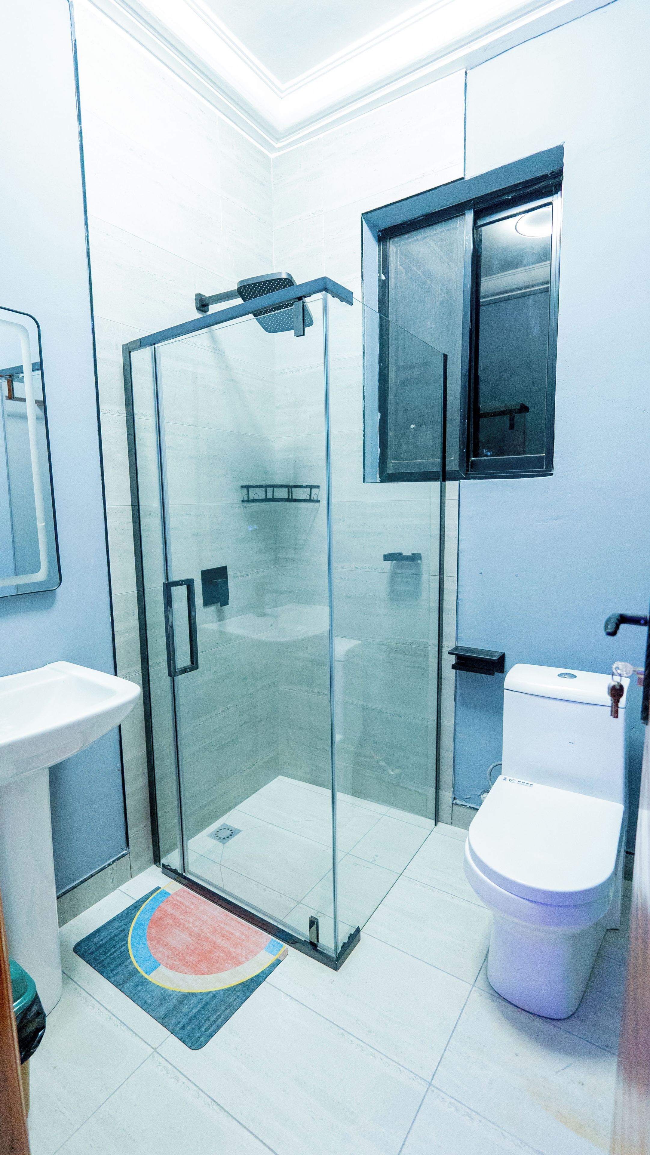 A modern bathroom with a glass shower enclosure, a white sink, and a toilet.