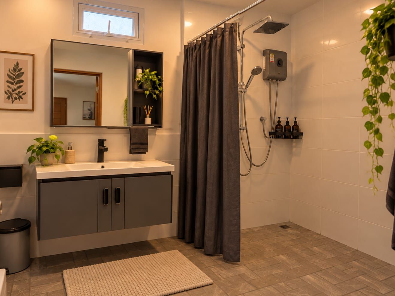 Un baño con ducha, lavamanos, espejo y planta en maceta.