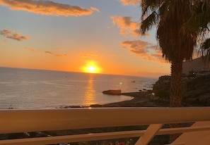 Vista del atardecer desde un balcón con vista al océano, una palmera y un litoral rocoso.