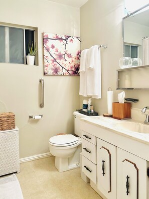 Une salle de bain avec des toilettes, un lavabo et un miroir.