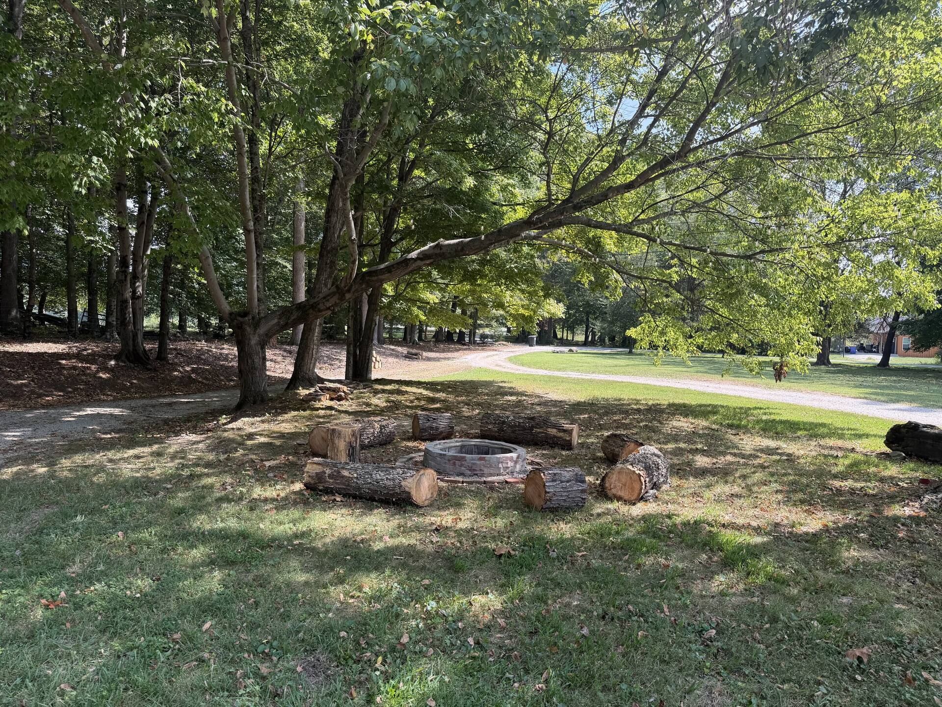 A park with a grassy area, trees, and a fire pit surrounded by logs.