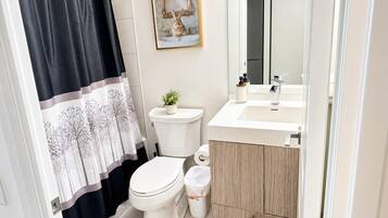A bathroom with a toilet, sink, mirror, and a framed picture on the wall.