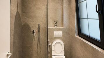 A modern bathroom with a glass-enclosed shower, a toilet, and a bathtub.