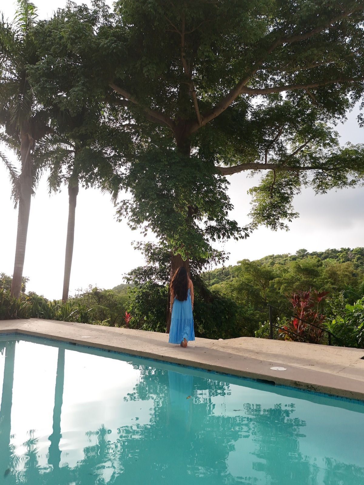 Piscina com uma pessoa de vestido azul se afastando, cercada por árvores e vegetação.