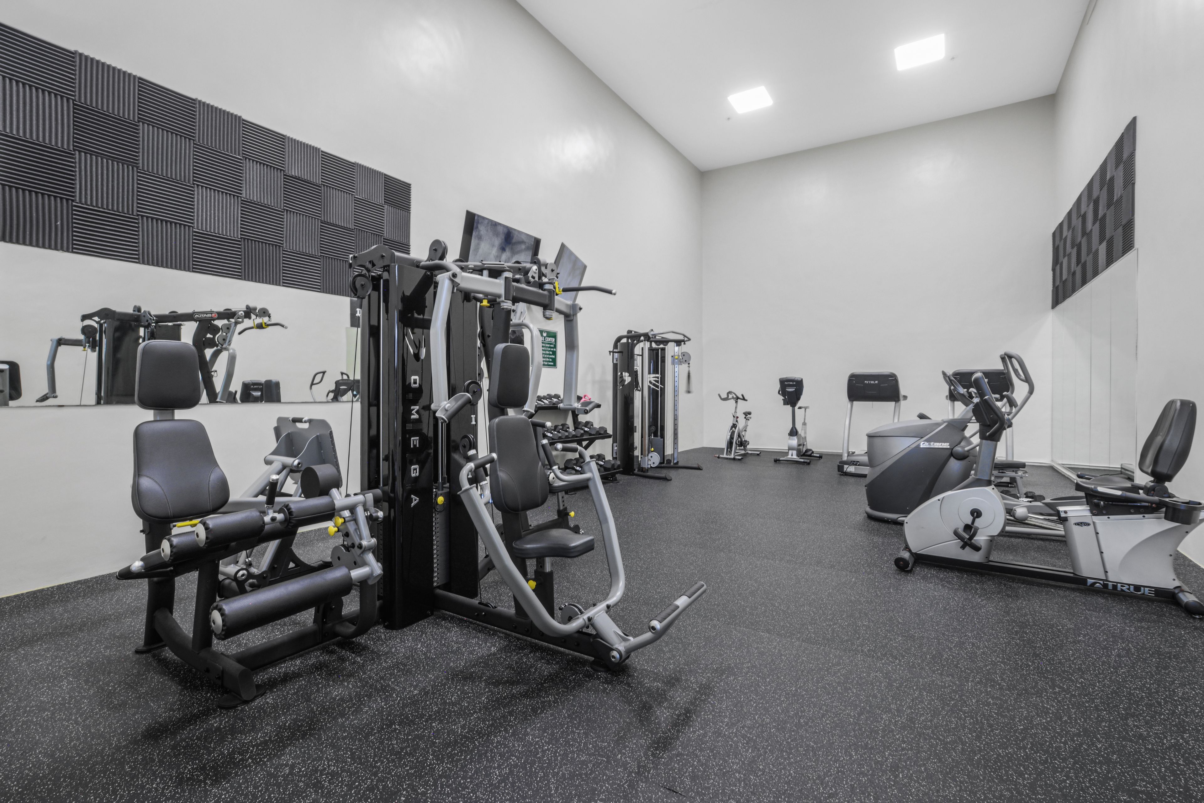 Une salle de sport équipée de divers appareils d’exercice, notamment une station d’entraînement polyvalente, des appareils de cardio et des poids libres.