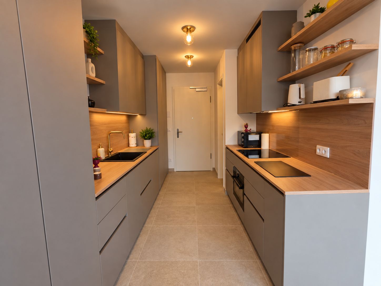 A modern kitchen with a central island, built-in appliances, and wooden cabinetry.