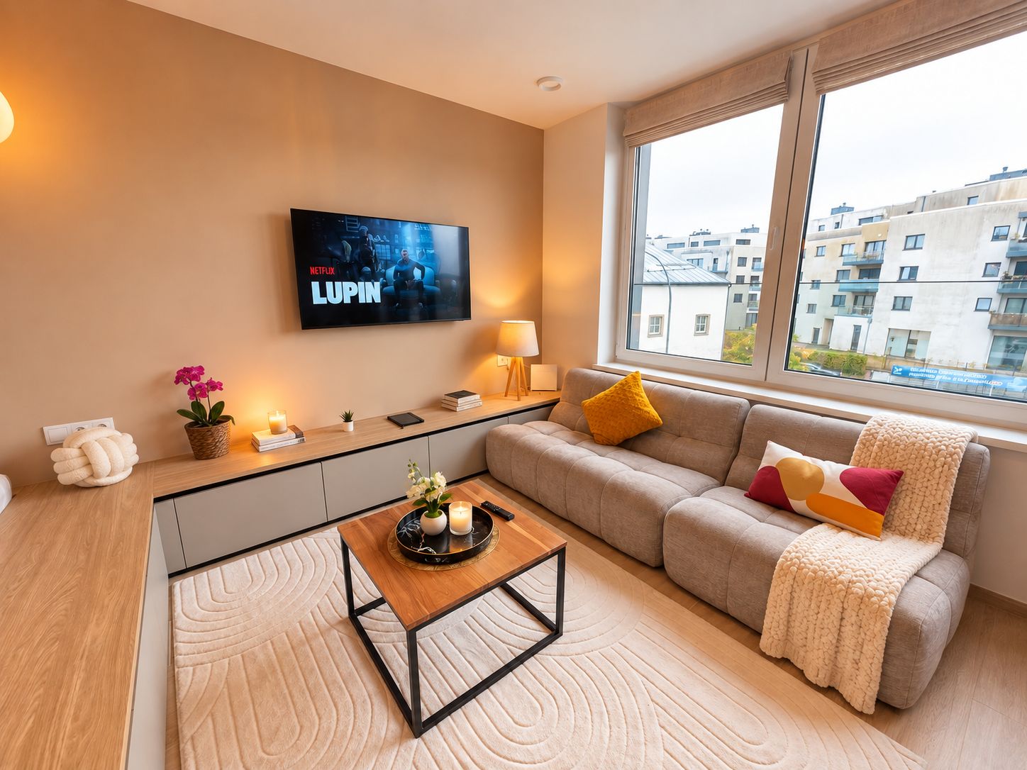 A modern living room with a flat-screen TV, a sofa, a coffee table, and a view of the city through large windows.